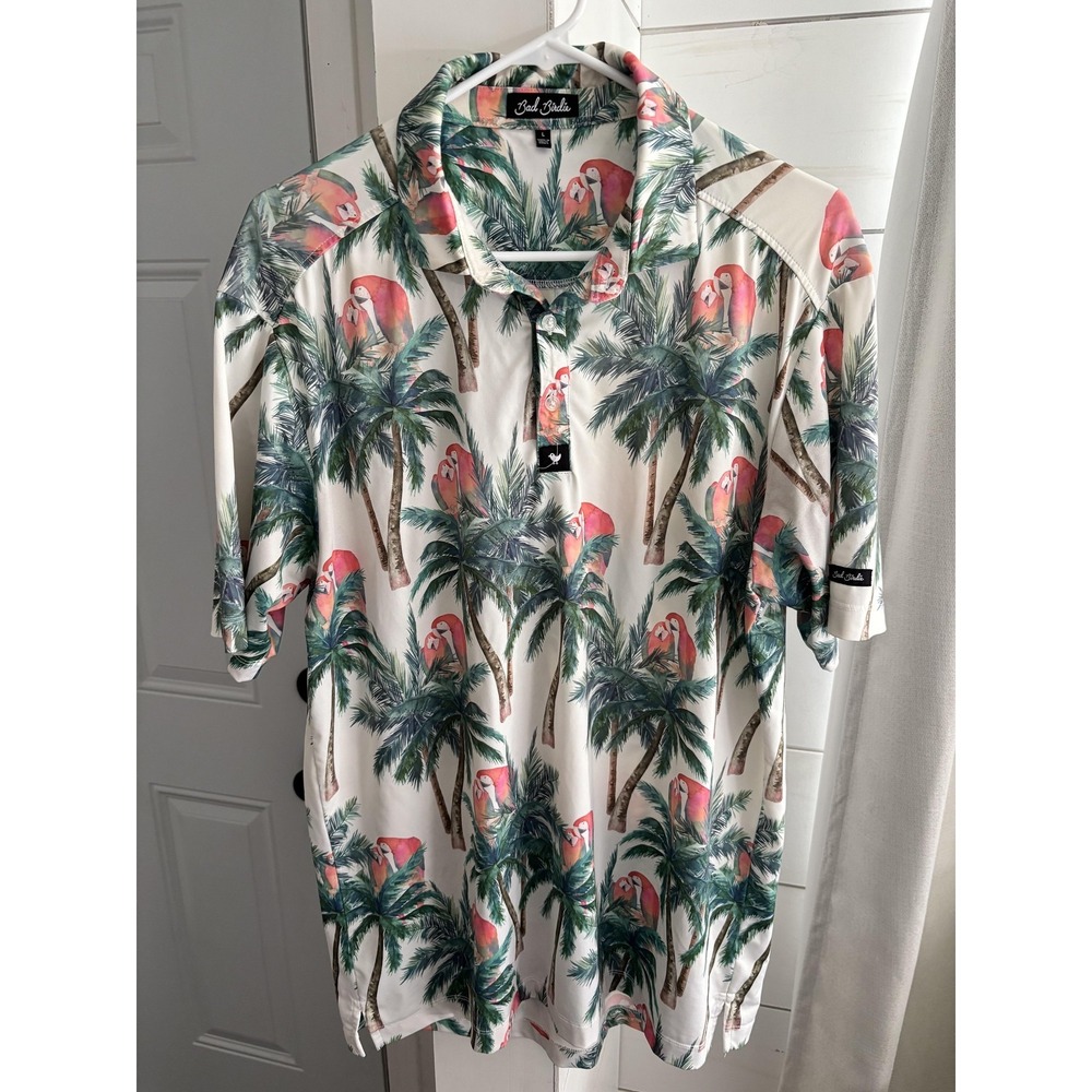 Bad Birdie Polo Shirt Mens Large Multicolor Parrot Palm Golf Stretch Performance